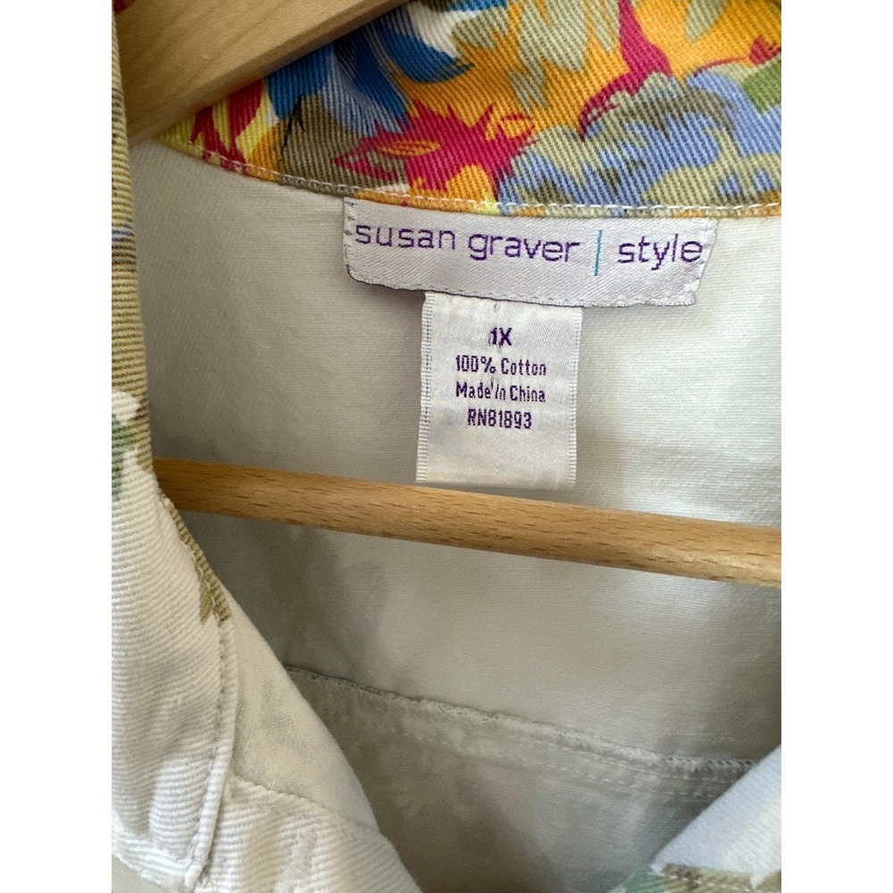 Susan Graver Floral Denim Trucker Jacket White Cotton Button Front Plus Size 1X - Picture 5 of 11